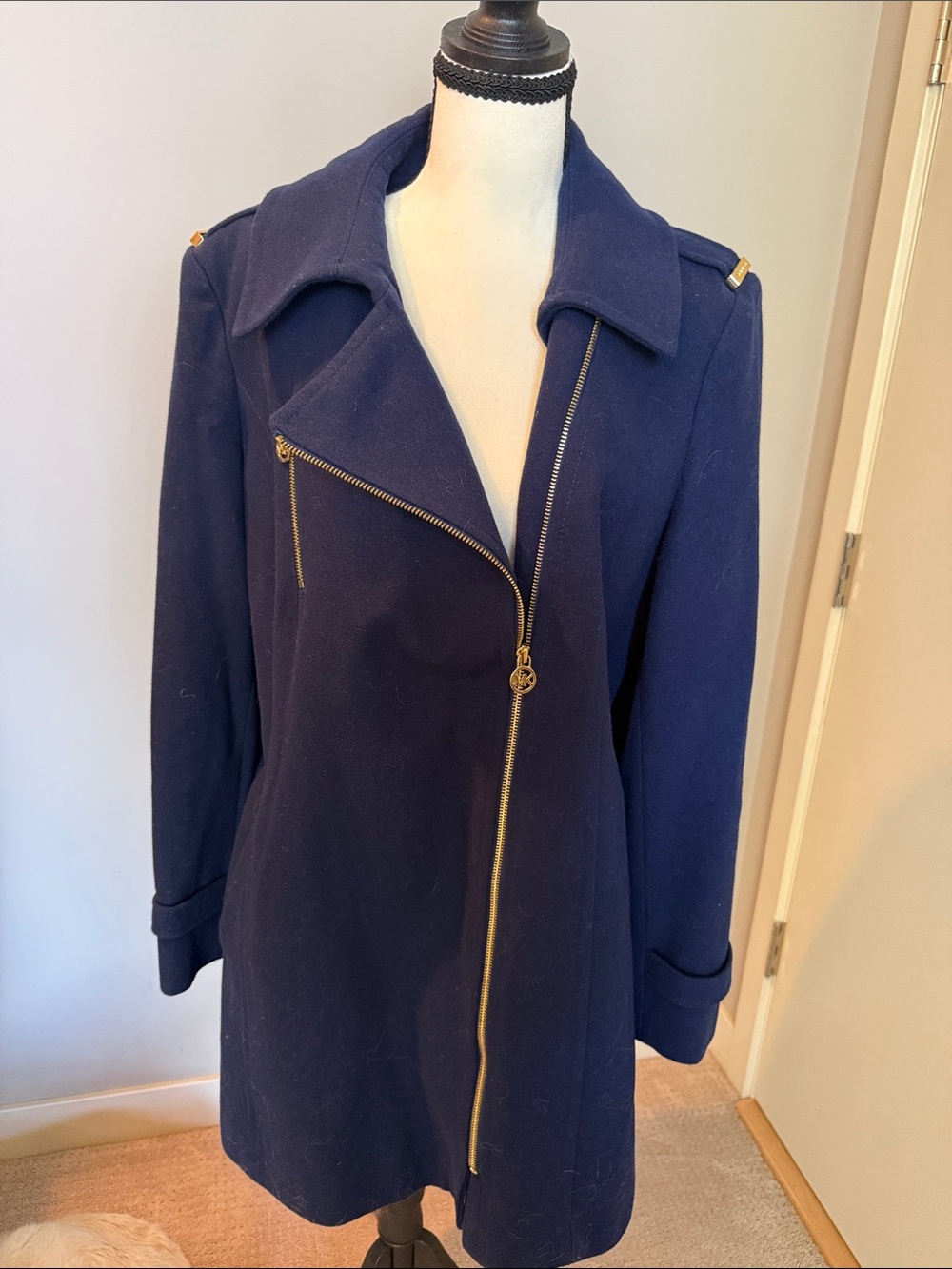 Michael Kors Navy Asymmetrical Zip Pea Coat with Gold Hardware